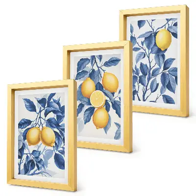 Bilderwand mit Zitronen an Zweigen und blauen Blättern