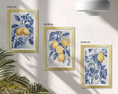 Bilderwand mit Zitronen an Zweigen und blauen Blättern