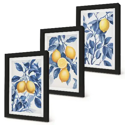 Bilderwand mit Zitronen an Zweigen und blauen Blättern