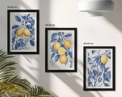 Bilderwand mit Zitronen an Zweigen und blauen Blättern