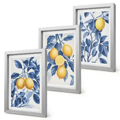 Bilderwand mit Zitronen an Zweigen und blauen Blättern