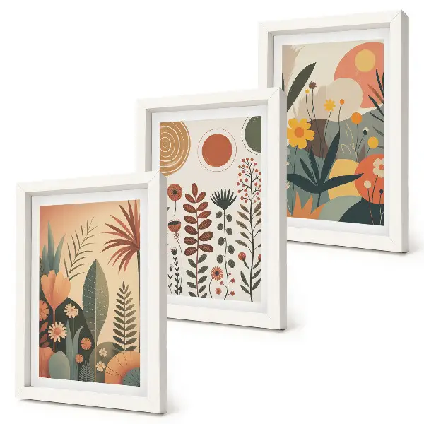 Bilderwand mit Boho-Pflanzenmuster in warmen Farbtönen und natürlichem Flair