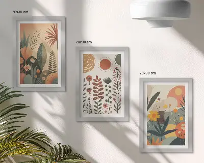 Bilderwand mit Boho-Pflanzenmuster in warmen Farbtönen und natürlichem Flair