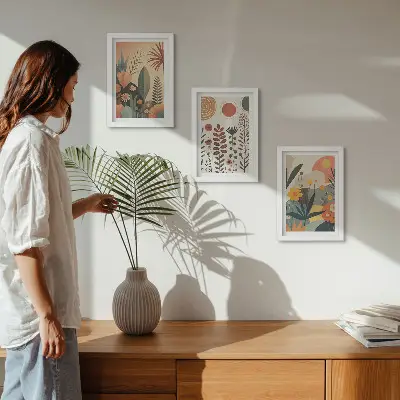 Bilderwand mit Boho-Pflanzenmuster in warmen Farbtönen und natürlichem Flair