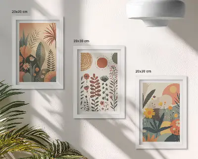 Bilderwand mit Boho-Pflanzenmuster in warmen Farbtönen und natürlichem Flair