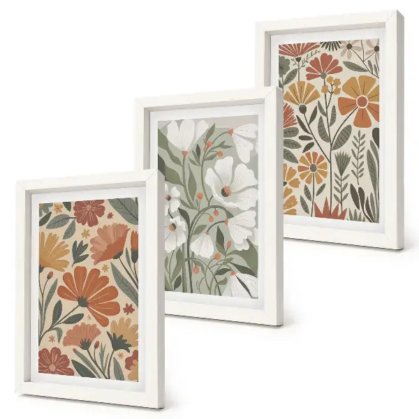 Bilderset mit Rahmen mit Blumenmuster in Orange- und Grüntönen