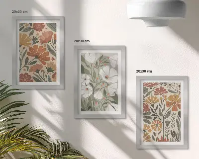 Bilderset mit Rahmen mit Blumenmuster in Orange- und Grüntönen