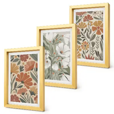 Bilderset mit Rahmen mit Blumenmuster in Orange- und Grüntönen