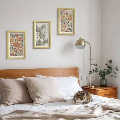 Bilderset mit Rahmen mit Blumenmuster in Orange- und Grüntönen