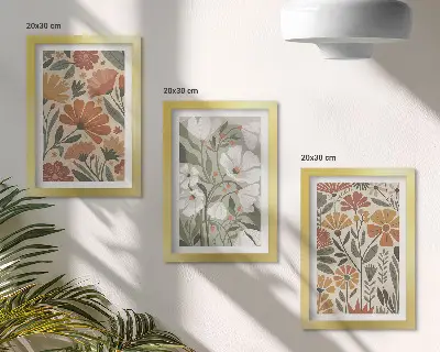 Bilderset mit Rahmen mit Blumenmuster in Orange- und Grüntönen