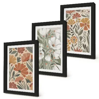 Bilderset mit Rahmen mit Blumenmuster in Orange- und Grüntönen