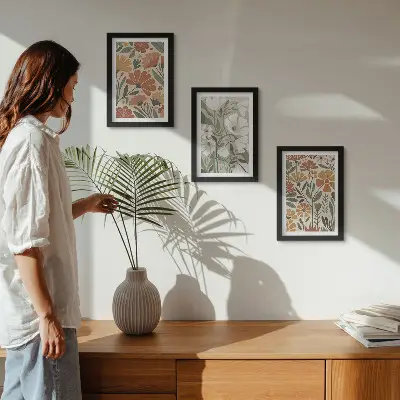 Bilderset mit Rahmen mit Blumenmuster in Orange- und Grüntönen