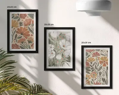 Bilderset mit Rahmen mit Blumenmuster in Orange- und Grüntönen