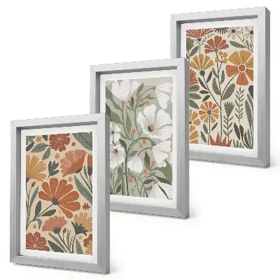 Bilderset mit Rahmen mit Blumenmuster in Orange- und Grüntönen