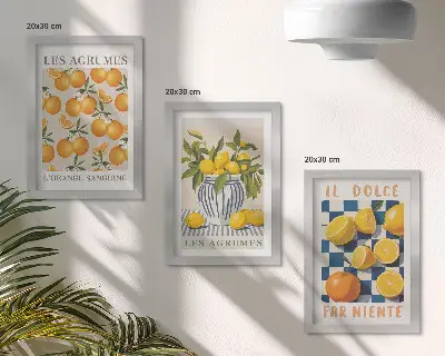 Bilderwand mit Retro-Zitrusfrüchten und gelben Akzenten