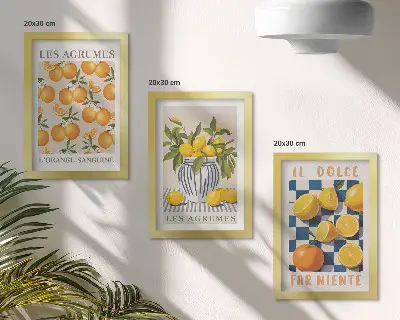 Bilderwand mit Retro-Zitrusfrüchten und gelben Akzenten
