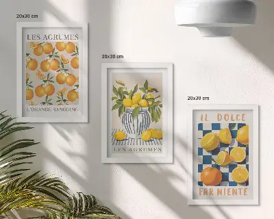 Bilderwand mit Retro-Zitrusfrüchten und gelben Akzenten