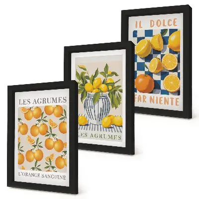 Bilderwand mit Retro-Zitrusfrüchten und gelben Akzenten