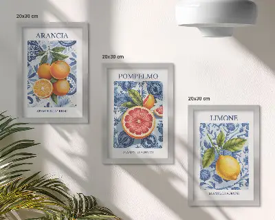 Bilderwand mit Vintage-Illustrationen von Zitrusfrüchten