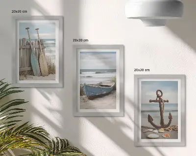 Bilderwand mit Motiv von Strand, Ruderboot und Anker im Sand