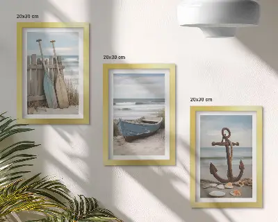Bilderwand mit Motiv von Strand, Ruderboot und Anker im Sand