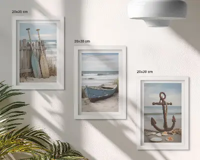 Bilderwand mit Motiv von Strand, Ruderboot und Anker im Sand