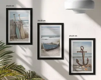 Bilderwand mit Motiv von Strand, Ruderboot und Anker im Sand