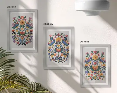 Fotowand mit Blumenmuster in kräftigen Farben auf weißem Hintergrund