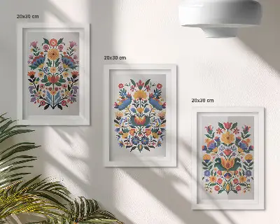 Fotowand mit Blumenmuster in kräftigen Farben auf weißem Hintergrund
