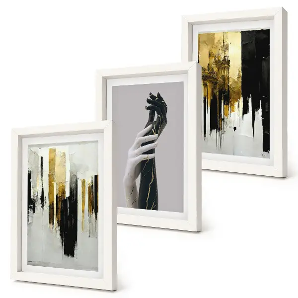 Bilderwand mit abstrakten Malmustern und zwei Händen