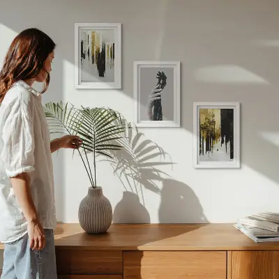 Bilderwand mit abstrakten Malmustern und zwei Händen