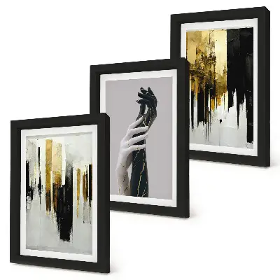 Bilderwand mit abstrakten Malmustern und zwei Händen