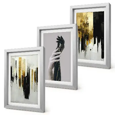 Bilderwand mit abstrakten Malmustern und zwei Händen