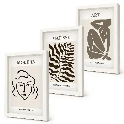 Bilderwand mit stilvollen Grafiken aus Linien und Figuren in neutralen Farben