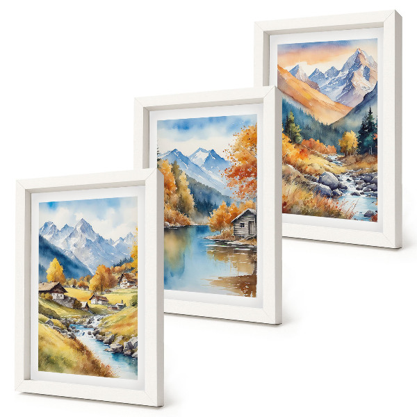 Fotowand Gemalte Herbstberge mit einem Fluss und Hütten