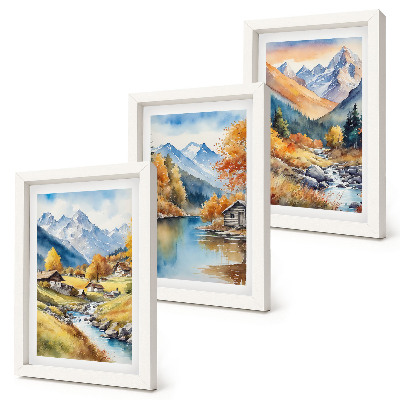 Fotowand Gemalte Herbstberge mit einem Fluss und Hütten