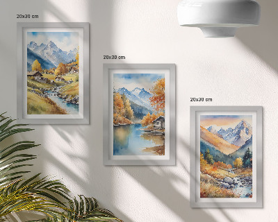 Fotowand Gemalte Herbstberge mit einem Fluss und Hütten