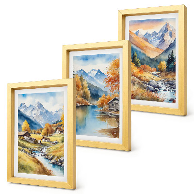 Fotowand Gemalte Herbstberge mit einem Fluss und Hütten