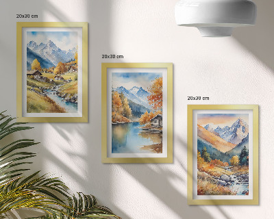Fotowand Gemalte Herbstberge mit einem Fluss und Hütten