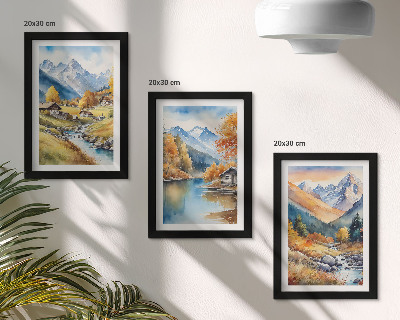 Fotowand Gemalte Herbstberge mit einem Fluss und Hütten