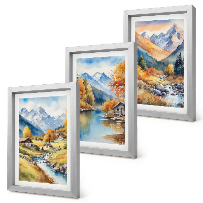 Fotowand Gemalte Herbstberge mit einem Fluss und Hütten