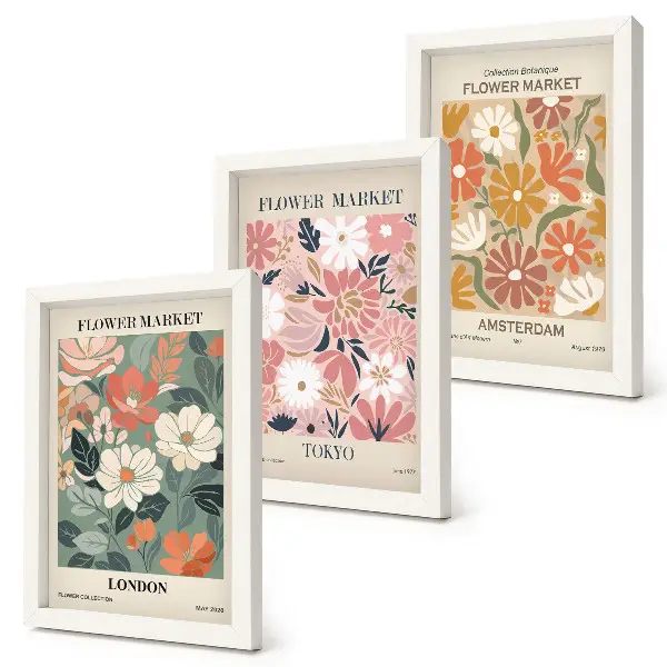Bilderwand mit Blumenmustern aus London, Tokio und Amsterdam