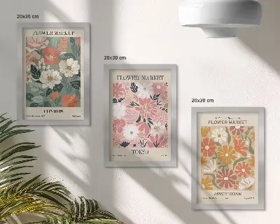 Bilderwand mit Blumenmustern aus London, Tokio und Amsterdam
