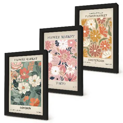 Bilderwand mit Blumenmustern aus London, Tokio und Amsterdam