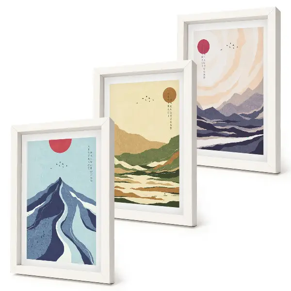 Fotowand mit Bergmotiv in Pastellfarben im Japandi-Stil