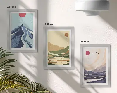 Fotowand mit Bergmotiv in Pastellfarben im Japandi-Stil