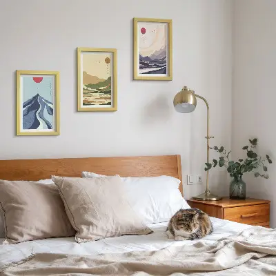 Fotowand mit Bergmotiv in Pastellfarben im Japandi-Stil