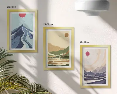 Fotowand mit Bergmotiv in Pastellfarben im Japandi-Stil