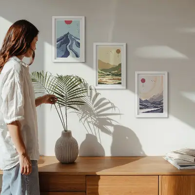 Fotowand mit Bergmotiv in Pastellfarben im Japandi-Stil