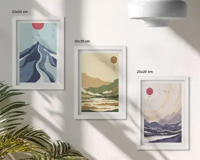 Fotowand mit Bergmotiv in Pastellfarben im Japandi-Stil
